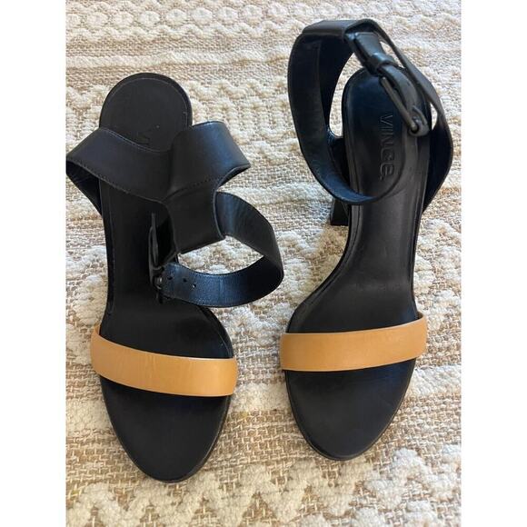 Vince Heels 39.5 / 9.5 Heels Black Leather Alexa Chunky Heel Open Toe Pumps - Picture 9 of 13